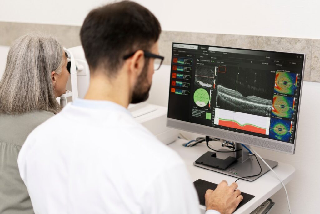 OCT scan during adult eye exam – eyeglass exam cost and advanced testing in Winnipeg