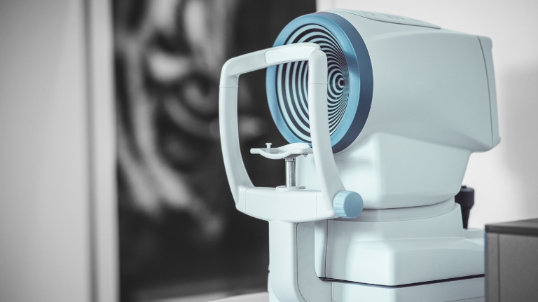 Non-contact eye measurement device, MYAH, used to measure axial length during a pediatric eye exam at Waverley Eye Centre